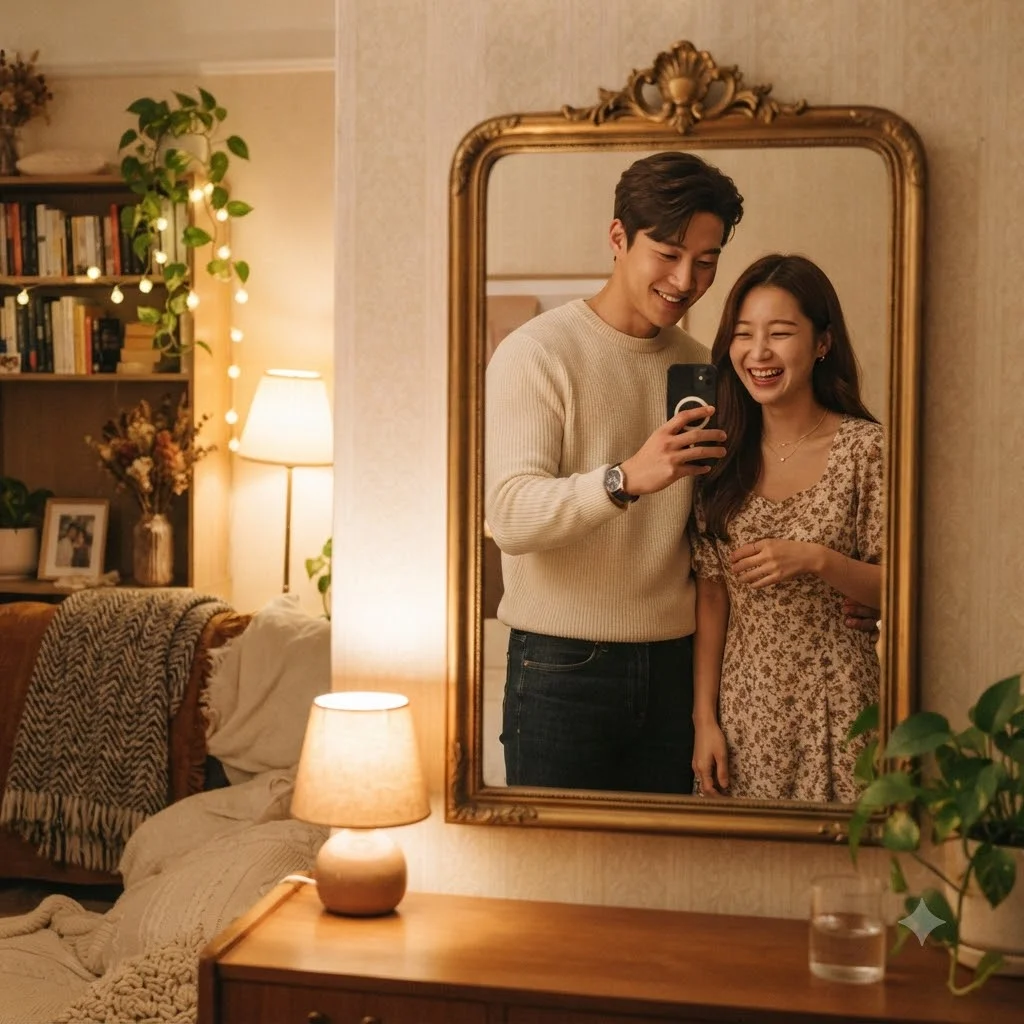 거울 속 포착된 고우림, 신혼 포스 느껴지는 애정 어린 모멘트